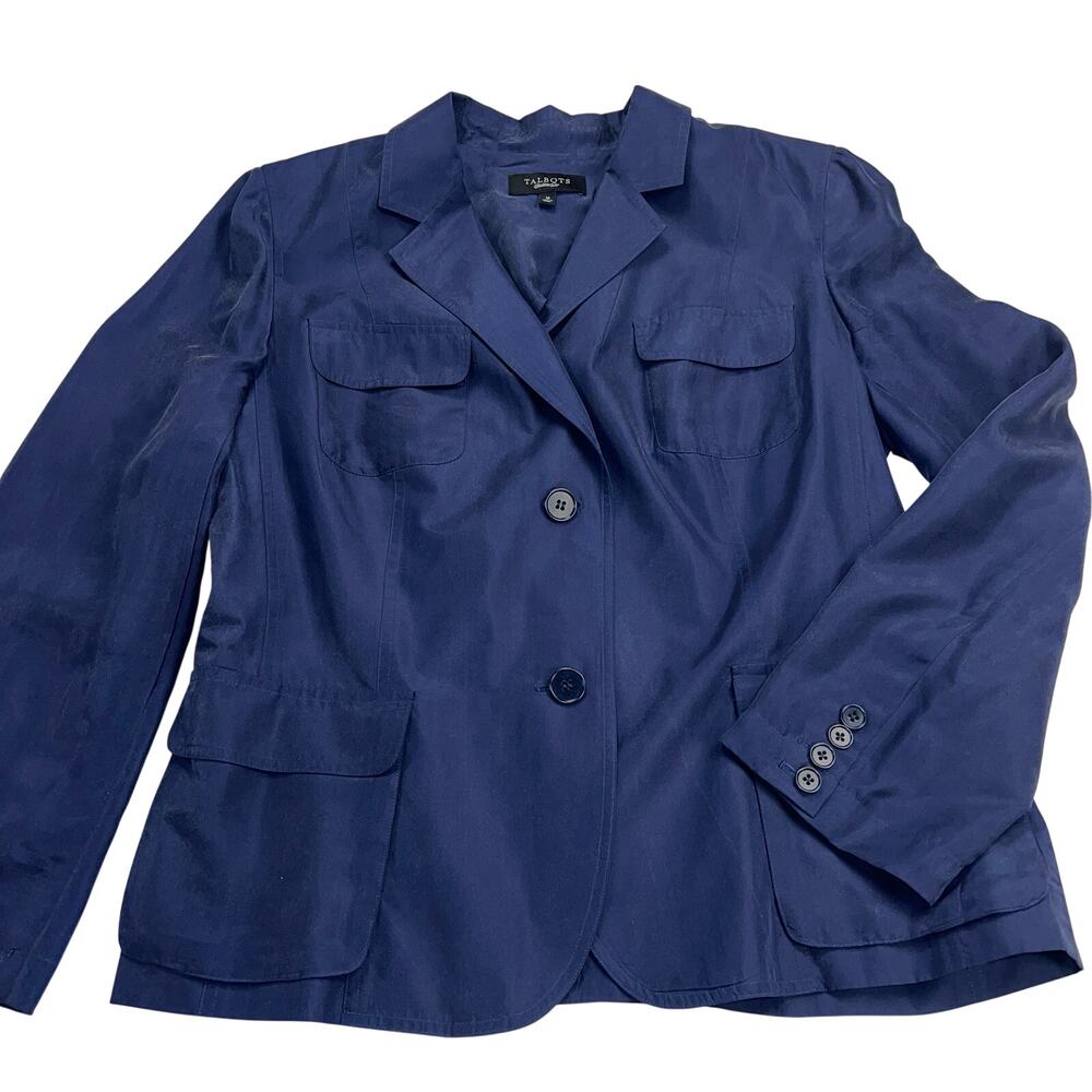 Talbots 100% Silk Navy Blue Two Button Blazer Size 16 *Runs Small*